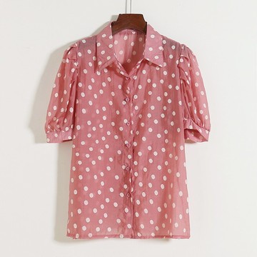 翻領圓點小衫 夏季新款短袖燈籠袖開衫 寬松休閑女紐扣上衣D/15-3