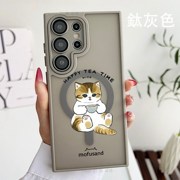 膚感磨砂手機殼貓咪品茶時光磁吸保護殼 適用三星Galaxy A56 A36 A26 A55 A54 A16 S25防摔殼