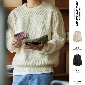 肌理感字母提花圓領毛衣男2025秋冬新款寬鬆休閒慵懶風針織毛線衣