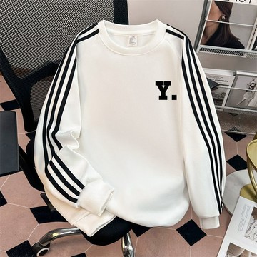 【台灣出貨】潮牌白色三條槓長袖t恤女春秋新款無帽圓領美式薄款衛衣上衣潮流袖子秋冬衛衣寬鬆袖子