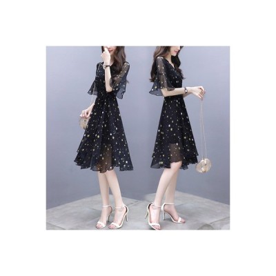 シースルーワンピース 黒 膝丈 星柄 かわいい きれいめ ドレス オケージョン フェミニン フレアスカート 通販 Lineポイント最大get Lineショッピング