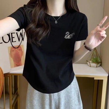 歐洲站黑色t恤女燙鉆天鵝夏天弧形下擺打底衫短袖不規則上衣潮