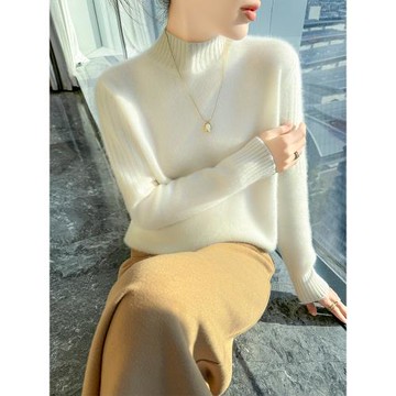 秋冬半高領羊絨衫純色套頭毛衣女寬松顯瘦羊毛衫長袖針織打底套衫