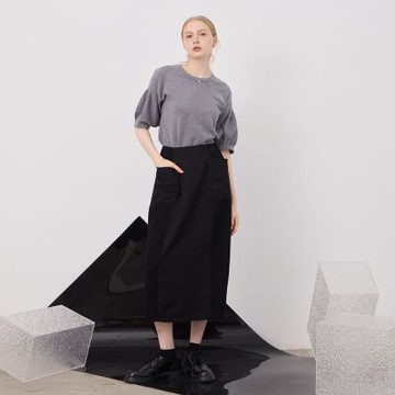 【MASTINA】異材質拼接俐落剪裁設計長裙 黑 卡(魅力商品)