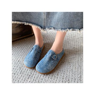 復古森系軟木底勃肯鞋懶人一腳蹬牛仔布包頭半拖鞋女外穿后空涼拖