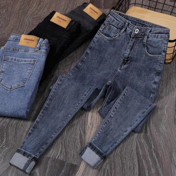 拉夏貝爾緊身小腳牛仔褲女2025冬新款高腰彈力修身顯瘦鉛筆褲