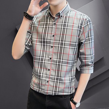 襯衫男士短袖格子商務休閑襯衣七分袖年春夏季修身高級感寸衫