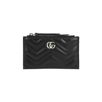 GUCCI 金色GG Logo 縫線皮革拉鍊零錢包/鑰匙包(黑色) 813353 DTDHD 1000