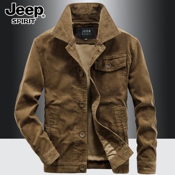 JEEP吉普燈芯絨外套男秋季工裝夾克純棉復古休閑寬松加絨翻領上衣