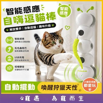 電動逗貓棒 智能感應 貓咪玩具 USB充電 自動擺動 毛毛蟲尾巴 自嗨解悶 靜音互動 消耗體力 獵食訓練 幼貓成貓適用
