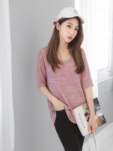 花紗休閒寬鬆彈性五分袖T恤