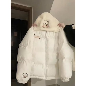 大碼懶羊羊棉服外套女冬季面包服保暖可愛學院拼接羊羔毛連帽棉衣