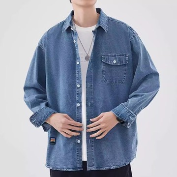 翻領藍色牛仔襯衫男秋冬休閒百搭長袖高級感上衣男