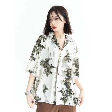萬有引力博物館滿印竹子短袖花襯衫女夏季2024新款襯衣寬松上衣K