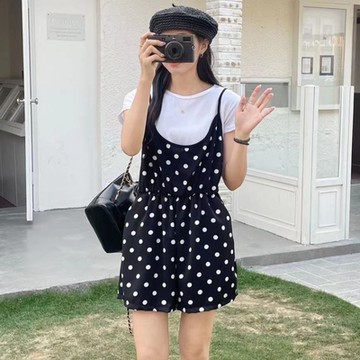 La Belleza素色吊帶雪紡連身短褲加白色T恤兩件式