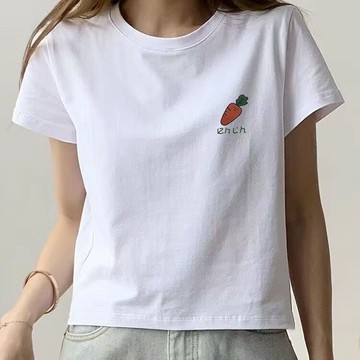 胖胖美依 短袖上衣 T恤 上衣 S-2XL露腰T恤白色百搭短款短袖t恤小衆印花2夏季上衣-7694.