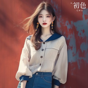 初色 寬鬆顯瘦海軍領條紋單排扣襯衫T恤上衣女上衣-條紋-37101(M-3XL可選)