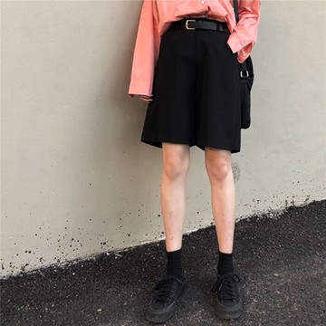 韓風夏款百搭直筒休閑褲女五分褲顯瘦純色高腰西褲寬松闊腿短褲1入