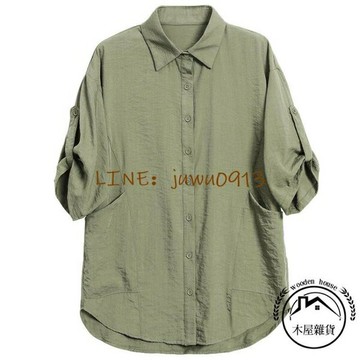 棉麻襯衫女夏季短袖中年媽媽寬版大碼七分袖上衣簡約休閒襯衣女裝【木屋雜貨】