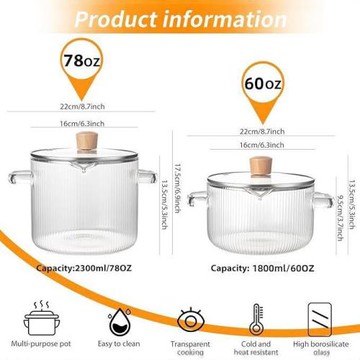 亞馬遜大容量木珠頂豎紋跨境泡面鍋家用廚具壓嘴高硼硅雙耳玻璃鍋