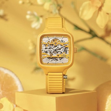 RADO 雷達表 限定款True Square真方雙橋鏤空機械錶 杏黃陶瓷橡膠帶38㎜ R01 (R27177255) 限量
