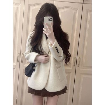白色短款呢子大衣女2026新款秋冬小個子高級感厚西裝羊絨毛呢外套