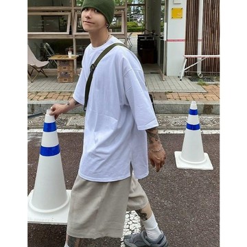 【SEMPLICITA】韓國 寬大 嘻哈 素面 開衩 短T 寬版 落肩 七分 短袖 短Tee