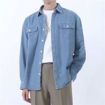 SHIJOIN原創POCKETIME淺藍工裝水洗牛仔襯衫男長袖簡約200106寬松