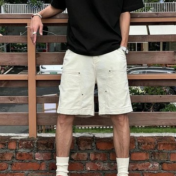 牛仔短褲 美式復古五分褲   26新款夏外穿大碼中褲杏色牛仔褲拼接工裝牛仔短褲男士五分褲0628