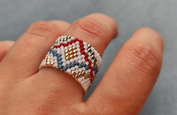 幾何圖案串珠戒指 手工戒指 寬版彈性戒指 彈力戒指