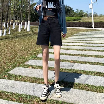 夏季黑色五分牛仔短褲女新款高腰顯瘦寬鬆闊腿褲百搭薄款熱褲ins 五分運動短褲 中褲 直筒顯瘦休閒闊腿褲 短褲女外穿