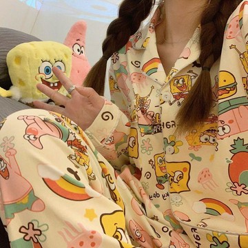 ✨臺灣出貨✨睡衣女春秋款長袖寬鬆開衫套裝卡通海綿寶寶秋冬可愛派大星家居服