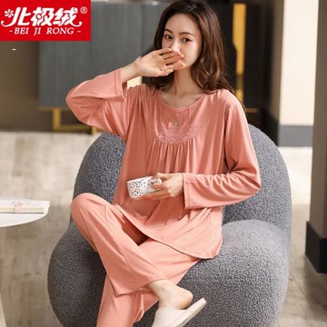 北極絨莫代爾睡衣女士春秋季長袖大碼家居服中年媽媽夏天薄款套裝