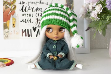 綠色條紋娃娃帽 Blythe, Pullip, 帶絨球針織帽, BJD, 娃娃帽