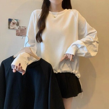 設計感大尺碼大學T 不規則抽繩正肩內搭上衣 微胖女孩春季穿搭 大尺碼上衣 韓版大碼女裝 2026春季新款