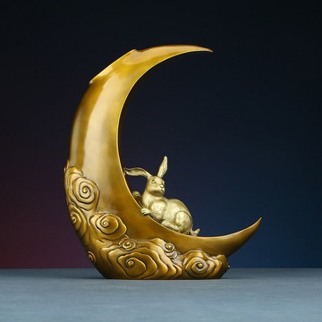 ??可開發票??免運 銅欣祥創意彩銅《玉兔呈祥》月亮兔擺件家居裝飾品辦公室桌面花瓶