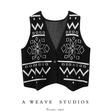 時尚復古~提花撞色羊絨馬甲女V領100純羊絨開衫外套百搭針織坎肩