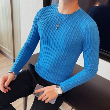 新品【秋冬】圓領條紋t恤男長袖春秋季潮流修身休閒百搭高級感時尚打底體恤衫