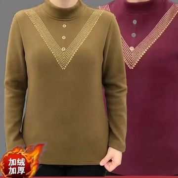 加絨加厚半高領打底衫秋新款中年媽媽長袖鑲鉆保暖上衣