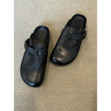 男女同款黑色包頭半拖勃肯鞋女夏季外穿2025新款真皮厚底復古拖鞋