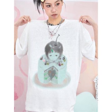 月亮草地原創25春夏新品櫻桃女孩惡魔印花短袖辣妹韓寬松卡通T恤