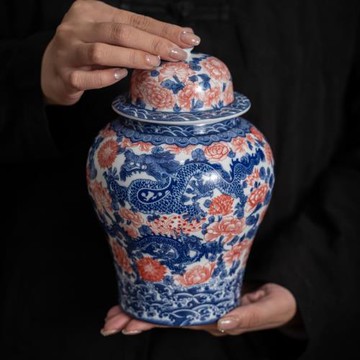 花龍鳳一對茶葉罐陶瓷青花琺瑯彩中式復古玄關擺件大號密封儲物罐