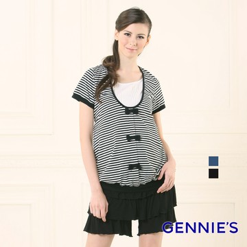 Gennies奇妮 甜心蝴蝶結條紋春夏哺乳上衣-條紋黑/條紋藍(GNA43)