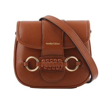 SEE BY CHLOE Saddie 閃亮山羊皮翻蓋斜背包(棕色) CHS23SSB80C94242