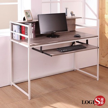 白樺木紋工業風辦公桌 電腦桌 置物架 附電源插座 耐磨PVC防潑水貼皮【LOGIS邏爵】【A18-W】