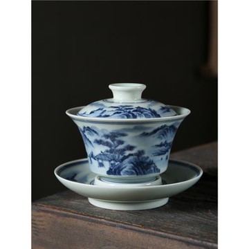 青花瓷懸停三才蓋碗茶杯高檔單個不燙手景德鎮中國風純手繪纏枝蓮