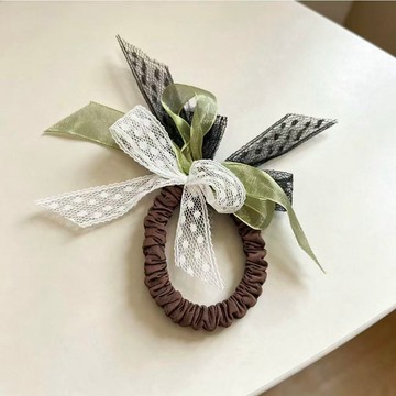 超仙森系綠野蝴蝶結髮圈溫柔蕾絲網紗頭繩輕奢扎發皮筋高階感發飾