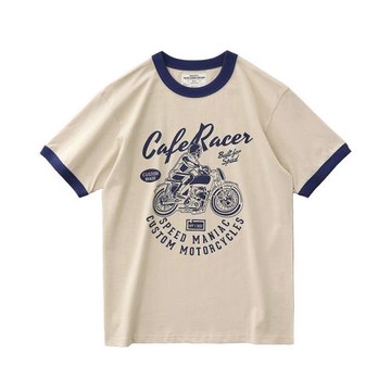 阿美咔嘰機車印花t恤夏季薄款vintage純棉撞色美式復古圓領短袖男