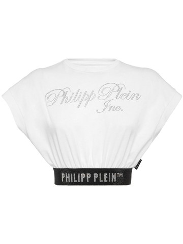 Philipp Plein - rhinestone-logo cropped T-shirt - women - Cotton/glass - M - White