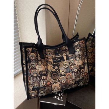 小熊刺繡帆布托特包包女2025新款手拎購物袋單肩通勤包輕便媽咪包